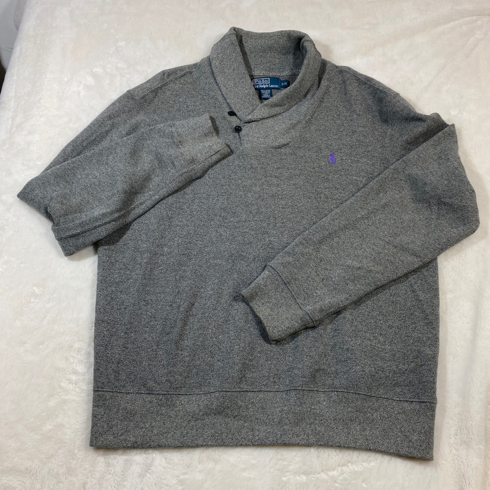 Polo Ralph Lauren Shawl Collar Pullover Sweater Purple Preppy Nautical Gray L - Picture 2 of 8